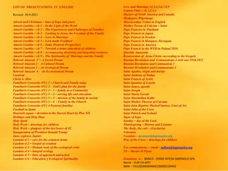 LIST OF PRESENTATIONS IN ENGLISH
Revised 30-9-2021
Advent and Christmas – time of hope and peace
Amoris Laetitia – ch 1 – In the Light of the Word
Amoris Laetitia – ch 2 – The Experiences and Challenges of Families
Amoris Laetitia – ch 3 - Looking to Jesus, the Vocation of the Family
Amoris Laetitia – ch 4 - Love in Marriage
Amoris Laetitia – ch 5 – Love made Fruitfuol
Amoris Laetitia – ch 6 – Some Pastoral Perspectives
Amoris Laetitia – ch 7 – Towards a better education of children
Amoris Laetitia – ch 8 – Accompanying, discerning and integrating weaknwss
Amoris Laetitia – ch 9 – The Spirituality of Marriage and the Family
Beloved Amazon 1ª – A Social Dream
Beloved Amazon 2 - A Cultural Dream
Beloved Amazon 3 – An Ecological Dream
Beloved Amazon 4 - An Ecclesiastical Dream
Carnival
Christ is Alive
Familiaris Consortio (FC) 1 – Church and Family today
Familiaris Consortio (FC) 2 - God’s plan for the family
Familiaris Consortio (FC) 3 – 1 – family as a Community
Familiaris Consortio (FC) 3 – 2 – serving life and education
Familiaris Consortio (FC) 3 – 3 – mission of the family in society
Familiaris Consortio (FC) 3 – 4 - Family in the Church
Familiaris Consortio (FC) 4 Pastoral familiar
Football in Spain
Haurietis aquas – devotion to the Sacred Heart by Pius XII
Holidays and Holy Days
Holy Spirit
Holy Week – drawings for children
Holy Week – glmjpses of the last hours of JC
Inauguration of President Donald Trump
Juno explores Jupiter
Laudato si 1 – care for the common home
Laudato si 2 – Gospel of creation
Laudato si 3 – Human roots of the ecological crisis
Laudato si 4 – integral ecology
Laudato si 5 – lines of approach and action
Laudato si 6 – Education y Ecological Spirituality
Love and Marriage 12,3,4,5,6,7,8,9
Lumen Fidei – ch 1,2,3,4
Martyrs of North America and Canada
Medjugore Pilgrimage
Misericordiae Vultus in English
Mother Teresa of Calcuta – Saint
Pope Franciss in Thailand
Pope Francis in Japan
Pope Francis in Sweden
Pope Francis in Hungary, Slovaquia
Pope Francis in America
Pope Francis in the WYD in Poland 2016
Querida Amazonia
Resurrection of Jesus Christ –according to the Gospels
Russian Revolution and Communismo 3 civil war 1918.1921
Russian Revolution and Communism 1
Russian Revolution and Communismo 2
Saint Agatha, virgin and martyr
Saint Anthony of Padua
Saint Francis of Assisi
Saint Ignatius of Loyola
Saint James, apostle
Saint Joseph
Saint Maria Goretti
Saint Maximilian Kolbe
Saint Mother Theresa of Calcutta
Saint Jean Baptiste MarieaVianney, Curé of Ars
Saint John of the Cross
Saint Patrick and Ireland
Signs of hope
Sunday – day of the Lord
Thanksgiving – History and Customs
The Body, the cult – (Eucharist)
Valentine
Vocation – mconnor@legionaries.org
Way of the Cross – drawings for children
For commentaries – email – mflynn@legionaries.org
Fb – Martin M Flynn
Donations to - BANCO - 03069 INTESA SANPAOLO SPA
Name – EUR-CA-ASTI
IBAN – IT61Q0306909606100000139493
 