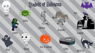 Symbols of Halloween
Ghost
Skull
Mummy
Zombie
Coffin
Jack-O-Lantern,
Spider
Skeleton
Bats
Black Cat
Werewolf
Vampire
 