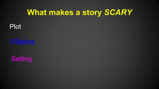What makes a story SCARY 
Plot 
Villains 
Setting 
 