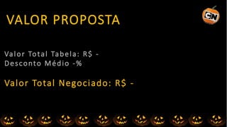 VALOR PROPOSTA
Valor Total Tabela: R$ -
Desconto Médio -%
Valor Total Negociado: R$ -
 