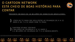O CARTOON NETWORK
ESTÁ CHEIO DE BOAS HISTÓRIAS PARA
CONTAR
L Í D E R D A T V P A G A E M 2 0 1 4 E N T R E A S C R I A N Ç A S D E 4 A 1 1
A N O S E D E 7 A 1 2 A N O S C O M T V P A G A .
Fonte: Ibope 15mercados (Janeiroa Dezembro/2014).Bases com TV Paga:Crianças4a 11anos (3.491.400)e Crianças7 a12 anos(2.848.000)/
Alcance:Janeiro/15.Projeção baseada em AnatelDez/2014(19.585.325)x 3,1 pessoaspor domicílio. Bases com TV Paga: Crianças4 a 11 anos(3.737.600)= *Univ.Projetado (6.757.525).Representatividade do Target:11,13% e Crianças7a 12 anos (3.276.1) = *Univ.Projetado (5.919.664).Representatividade do Target:9,75%. Distribuição: TBSI.Dez/2014.
C A R T O O N A T I N G E S O Z I N H O
4 M I L H Õ E S D E C R I A N Ç A S 4 A 1 1 A N O S E
3 . 5 M I L H Õ E S D E C R I A N Ç A S D E 7 A 1 2 M E N S A L M E N T E .
}
}
P R E S E N T E E M M A I S D E 1 6 M I L H Õ E S D E D O M I C Í L I O S B R A S I L E I R O S .
 