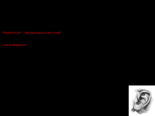 TECHNICAL ASPECTS:

SOUND

Sound, Misenscene and editing
create meaning ?

Ambient and Diegetic sound
Diegetic Sound
From watching the Halloween film you are able to make assumptions about who the killer is an what they are like .
“ Prepare for him “ “start planning your own funeral” this is dialogue from the Michael Myers Physiatrist who is warning a police
office about the behaviour of the killer who is loose . From this dialogue of the Doctor you understand that the killer is
dangerous and that you should be aware of him . This links back to the viewers view of the film from this dialogue without
seeing the killer on screen yet they can assume that he is out to strike or he has striked before , he is a man who is a
psycho path.
“I saw the Bogeyman “ The name Bogeyman has an association with devilish scary themes someone/something that attacks a
person . The bogeyman is also associated with ghosts and zombies from the dead .
Ambient – There were a lot of background sounds such as a quiet sound car engine radio , heavy breathing , screaming
and also children playing in the playground .The ambient sound allows the audience to feel the atmosphere of the scene
example the barking of the dog made it obvious to the audience that there was someone unusual / unfamiliar in the house
( which was the killer ).
The heavy breathing connotes that the killer is present and that he is sexually frustrated . We as the audience known that when
we hear heavy breathing we know that the killer has seen its prey and that the killer himself is a predator.
The screams that were heard from the females usually signified that they were being attacked . This connotes there weakness
and lack of bravery and strength . The screams caused tensions and suspension for the audience as they felt drawn with
what they were seeing it makes them sympathetic with the character.

 