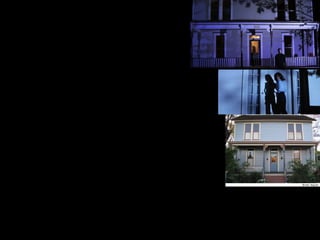 Misenescene /props/lightening
It’s a common convention in slasher / horror films
that most attacks and stalking take place in a close
well known neighbourhood where everyone knows
each other . Also the attacking takes place in a big
haunted interior location example a basement
,house or garage, in this film it is a house .
Inside the domestic setting it consists of dark
lightning there is a limited ambient light source at all
times which could be the moon since all the action
is taking part in the middle of the night , while the
rest of the neighbourhood are trick or treating “ .
The darkness inside the house created tension for
the audience watching because it makes the
assume straight away that something negative is
bound to occur . The ambient light present which is
the moon creates shadows in the house it reveals
to the audience if something is present , normally it
would be the killers shadow and the victim is not
aware of the killer surrounding which creates
suspension and eagerness for the audience to see
what will happen next .
The House where all the killings and attacks occur has
a light outside the door which alerts to the audience that
this is where the next crime may happen . The light
grabs the attention of the audience because they know
that the house is targeted it creates suspense.

Outside the targeted house there was
a pumpkin which has been carved out
in a scary way , this links back to what
the film is about and what season it is
“Halloween”.

 