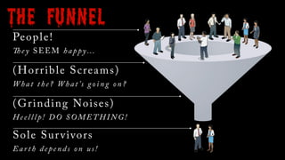 The Funnel! 
People! 
!e y SEEM h appy… 
(Horrible S creams) 
What the ? What ’s go ing on? 
(Grinding Noises) 
Hee l l lp...
