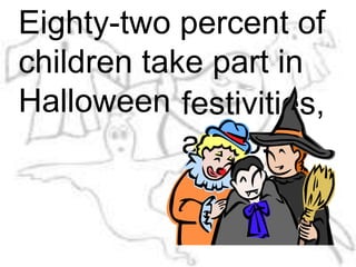 Eighty-two percent of children take part in Halloweenfestivities, as do 67 percent of adults.