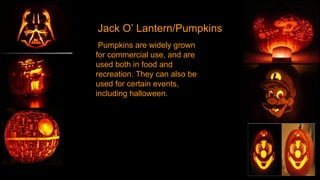 Jack O’ Lantern/Pumpkins
Pumpkins are widely grown
for commercial use, and are
used both in food and
recreation. They can also be
used for certain events,
including halloween.

 