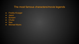 The most famous characters/movie legends
●
●
●
●
●
●

Freddy Krueger
Jason
Scream
Chuke
Saw
Michael Myers

 