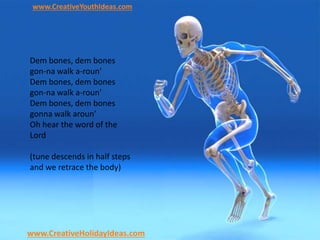 www.CreativeYouthIdeas.com
www.CreativeHolidayIdeas.com
Dem bones, dem bones
gon-na walk a-roun’
Dem bones, dem bones
gon-na walk a-roun’
Dem bones, dem bones
gonna walk aroun’
Oh hear the word of the
Lord
(tune descends in half steps
and we retrace the body)
 