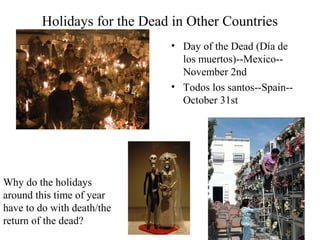 Holidays for the Dead in Other Countries
                             • Day of the Dead (Día de
                               los muertos)--Mexico--
                               November 2nd
                             • Todos los santos--Spain--
                               October 31st




Why do the holidays
around this time of year
have to do with death/the
return of the dead?
 