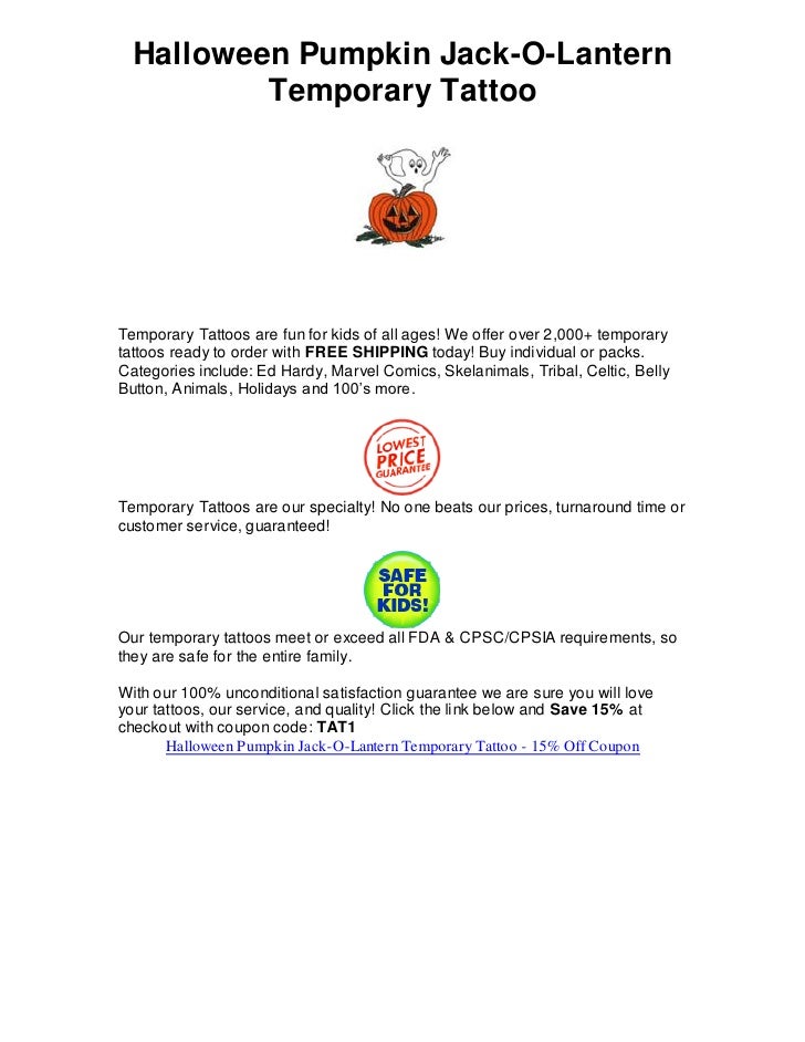 Halloween pumpkin jack olantern temporary tattoo 15 off coupon!