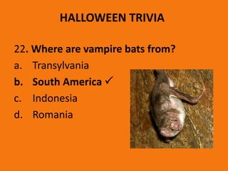 HALLOWEEN TRIVIA
22. Where are vampire bats from?
a. Transylvania
b. South America 
c. Indonesia
d. Romania
 