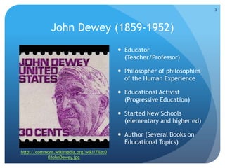 John Dewey (1859-1952)
 Educator
(Teacher/Professor)
 Philosopher of philosophies
of the Human Experience
 Educational Activist
(Progressive Education)
 Started New Schools
(elementary and higher ed)
 Author (Several Books on
Educational Topics)
http://commons.wikimedia.org/wiki/File:0
0JohnDewey.jpg
3
 