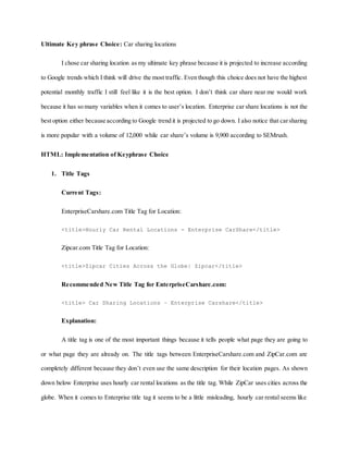 Ultimate Key phrase Choice: Car sharing locations
I chose car sharing location as my ultimate key phrase because it is projected to increase according
to Google trends which I think will drive the most traffic. Even though this choice does not have the highest
potential monthly traffic I still feel like it is the best option. I don’t think car share near me would work
because it has so many variables when it comes to user’s location. Enterprise car share locations is not the
best option either because according to Google trend it is projected to go down. I also notice that carsharing
is more popular with a volume of 12,000 while car share’s volume is 9,900 according to SEMrush.
HTML: Implementation of Keyphrase Choice
1. Title Tags
Current Tags:
EnterpriseCarshare.com Title Tag for Location:
<title>Hourly Car Rental Locations - Enterprise CarShare</title>
Zipcar.com Title Tag for Location:
<title>Zipcar Cities Across the Globe| Zipcar</title>
Recommended New Title Tag for EnterpriseCarshare.com:
<title> Car Sharing Locations – Enterprise Carshare</title>
Explanation:
A title tag is one of the most important things because it tells people what page they are going to
or what page they are already on. The title tags between EnterpriseCarshare.com and ZipCar.com are
completely different because they don’t even use the same description for their location pages. As shown
down below Enterprise uses hourly car rental locations as the title tag. While ZipCar uses cities across the
globe. When it comes to Enterprise title tag it seems to be a little misleading, hourly car rental seems like
 