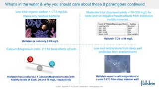 © 2021 AquaSPE™ AG Zurich Switzerland – www.aquaspe.com
What‘s in the water & why you should care about these 8 parameters continued
Low total organic carbon < 0.15 mg/Lto
starve any residual bacteria
Hallstein is naturally 0.09 mg/L
Moderate total dissolved solids < 50-300 mg/L for
taste and no negative health effects from excessive
metals/minerals...
Hallstein TDS is 84 mg/L
Low exit temperature from deep well
protected from contaminants
Hallstein water‘s exit temperature is
a cool 5.6°C from deep artesian well
Calcium/Magnesium ratio 2:1 for best effects of both
Hallstein has a natural 2:1 Calcium/Magnesium ratio with
healthy levels of each, 20 and 10 mg/L respectively
 