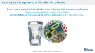 © 2021 AquaSPE™ AG Zurich Switzerland – www.aquaspe.com
Laws require drinking water to be free of harmful pathogens
Laws require tap and bottled drinking water to be free from dangerous pathogens
(disease-causing bacteria, viruses and parasites)
& limits total coliforms & specific harmful organisms e.g. e-coli, salmonella...
 