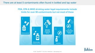 © 2021 AquaSPE™ AG Zurich Switzerland – www.aquaspe.com
FDA, EPA & WHO drinking water legal requirements include
limits for over 90 contaminants but not most of these
There are at least 5 contaminants often found in bottled and tap water
 