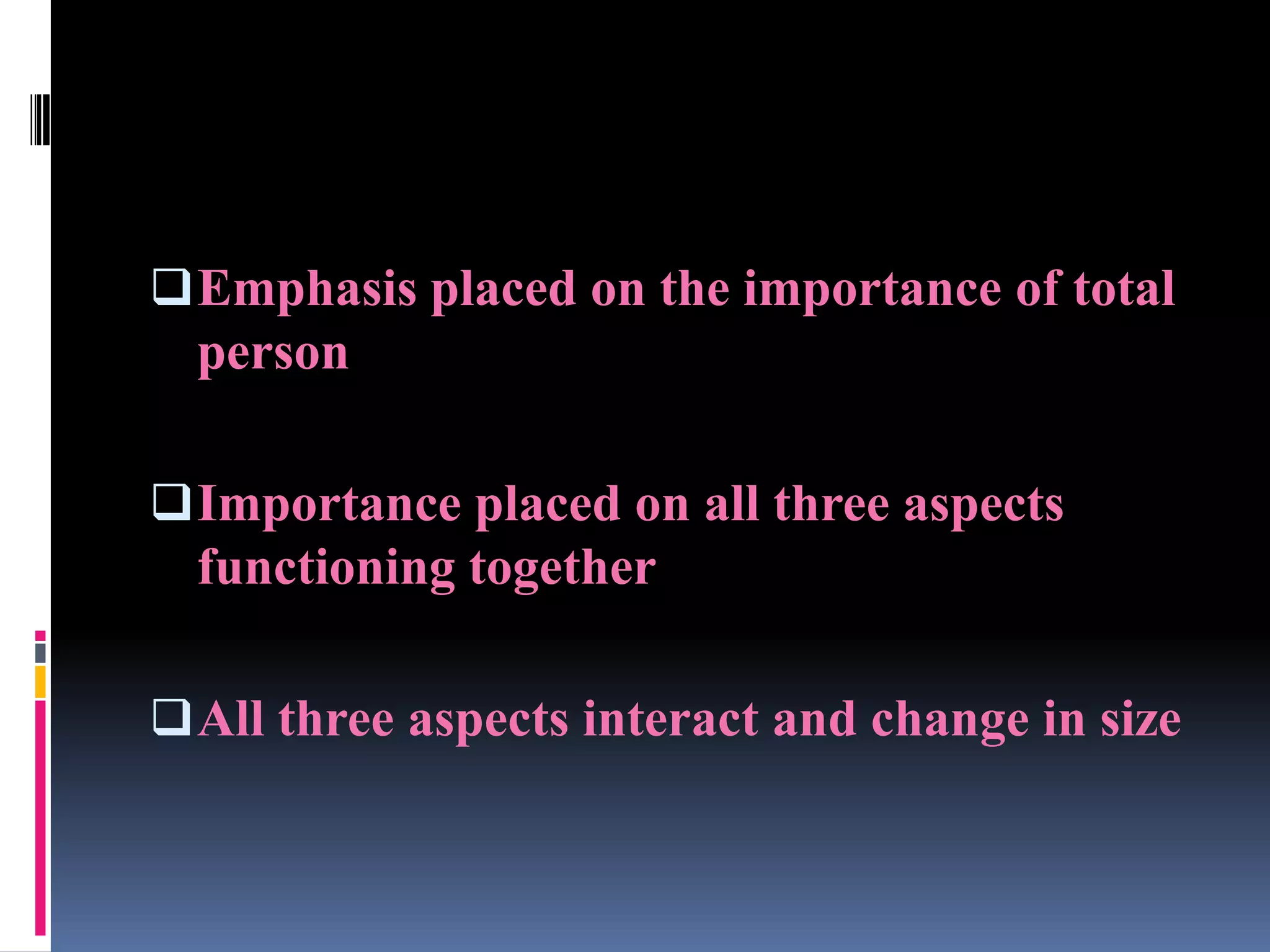  Emphasis placed on the importance of total

person
 Importance placed on all three aspects

functioning together
 All three aspects interact and change in size

 
