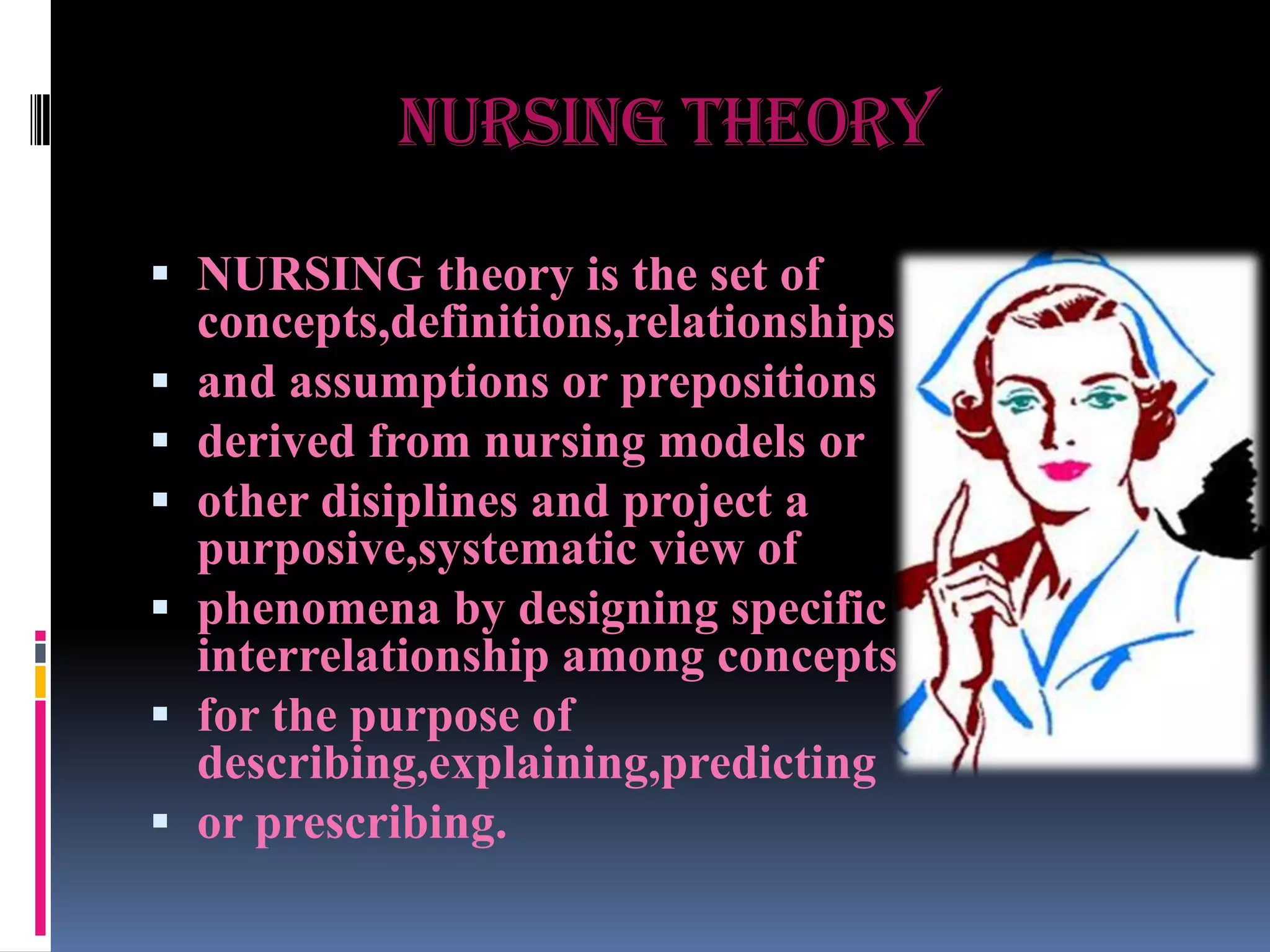 NURSING THEORY
 NURSING theory is the set of
concepts,definitions,relationships
 and assumptions or prepositions
 derived from nursing models or
 other disiplines and project a
purposive,systematic view of
 phenomena by designing specific
interrelationship among concepts
 for the purpose of
describing,explaining,predicting
 or prescribing.

 