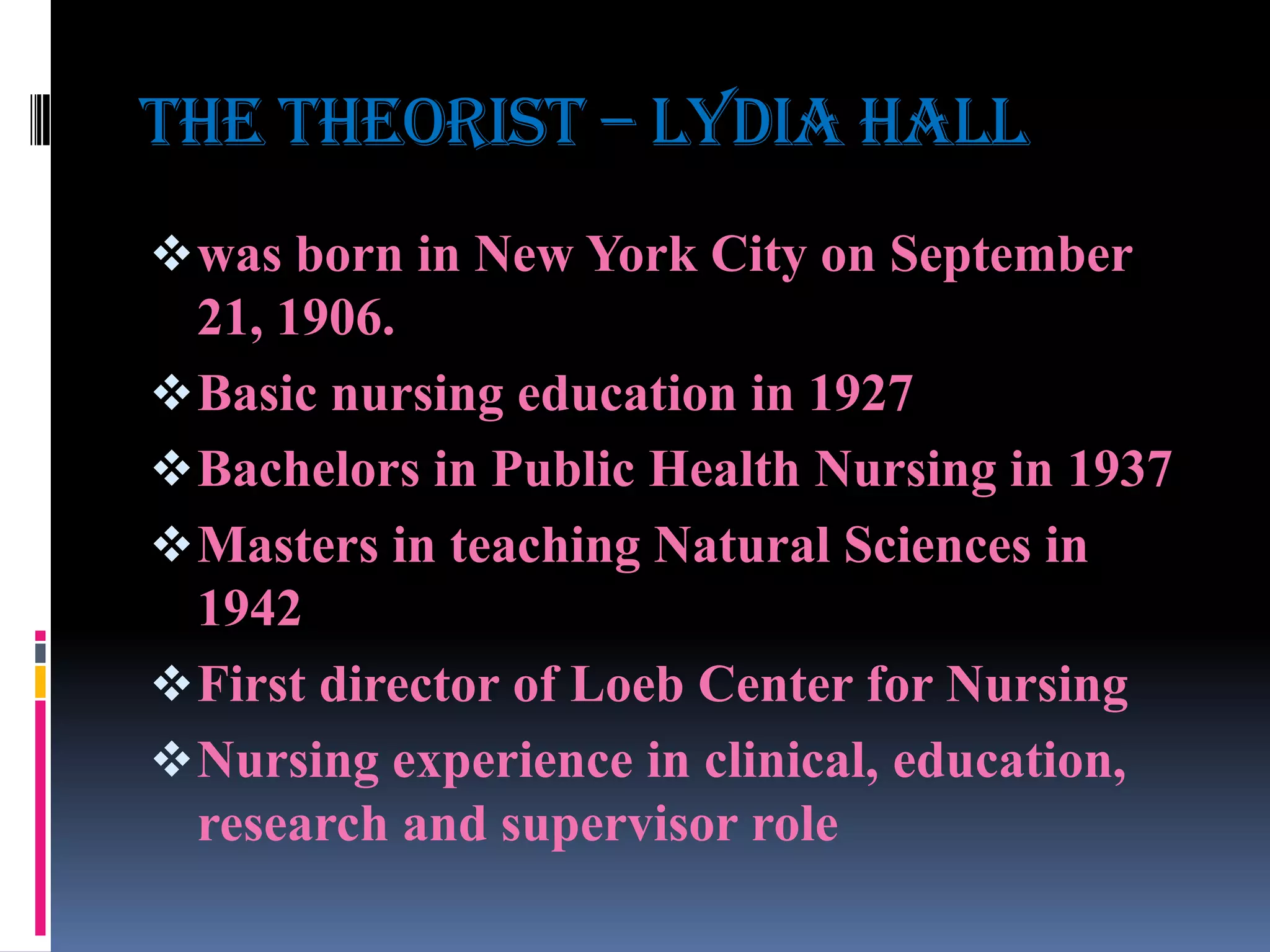 THE THEORIST – LYDIA HALL
 was born in New York City on September

21, 1906.
 Basic nursing education in 1927
 Bachelors in Public Health Nursing in 1937
 Masters in teaching Natural Sciences in
1942
 First director of Loeb Center for Nursing
 Nursing experience in clinical, education,
research and supervisor role

 