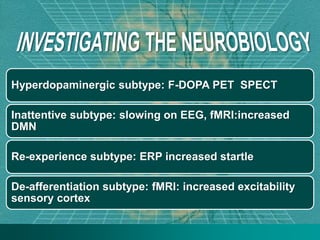Hyperdopaminergic subtype: F-DOPA PET SPECT
Inattentive subtype: slowing on EEG, fMRI:increased
DMN
Re-experience subtype: ERP increased startle
De-afferentiation subtype: fMRI: increased excitability
sensory cortex
 