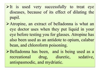 It is used very successfully to treat eye
diseases, because of its effect of dilating the
pupil.
Atropine, an extract of belladonna is what an
eye doctor uses when they put liquid in your
eye before testing you for glasses. Atropine has
also been used as an antidote to opium, calabar
bean, and chloroform poisoning.
Belladonna has been, and is being used as a
recreational drug, diuretic, sedative,
antispasmodic, and mydriatic.
 