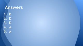 1. B
2. D
3. D
4. A
5. A
Answers
 