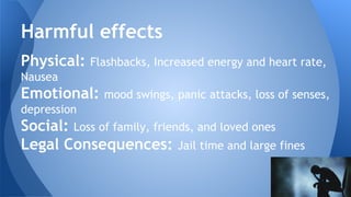 Physical: Flashbacks, Increased energy and heart rate,
Nausea
Emotional: mood swings, panic attacks, loss of senses,
depression
Social: Loss of family, friends, and loved ones
Legal Consequences: Jail time and large fines
Harmful effects
 