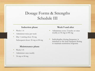 Dosage Forms & Strengths
Schedule III
Induction phase
• Weeks 1-4
• Administer twice per week
• Day 1 starting dose: 56 mg
Subsequent doses: 56 mg or 84 mg
Maintenance phase
• Weeks 5-8
• Administer once weekly
• 56 mg or 84 mg
Week 9 and after
• Administer every 2 weeks or once
weekly at 56 mg or 84 mg
• Individualize dosing frequency is
matched to the least frequent dosing
to maintain remission/response
 