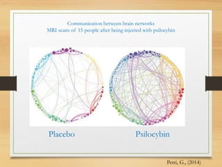 Placebo Psilocybin
Communication between brain networks
MRI scans of 15 people after being injected with psilocybin
Petri, G., (2014)
 