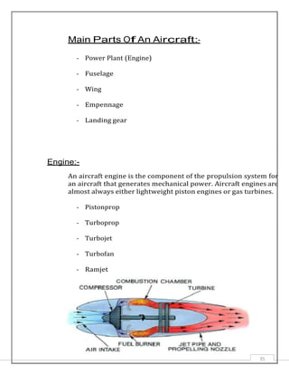 Main Parts Of An Aircraft:-
- Power Plant (Engine)
- Fuselage
- Wing
- Empennage
- Landing gear
Engine:-
An aircraft engine is the component of the propulsion system for
an aircraft that generates mechanical power. Aircraft engines are
almost always either lightweight piston engines or gas turbines.
- Pistonprop
- Turboprop
- Turbojet
- Turbofan
- Ramjet
35
 