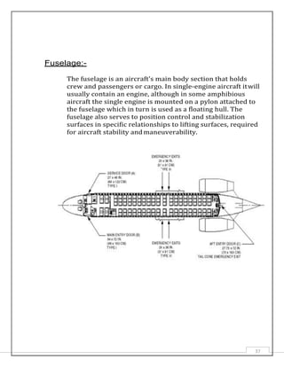 37
Fuselage:-
The fuselage is an aircraft's main body section that holds
crew and passengers or cargo. In single-engine aircraft itwill
usually contain an engine, although in some amphibious
aircraft the single engine is mounted on a pylon attached to
the fuselage which in turn is used as a floating hull. The
fuselage also serves to position control and stabilization
surfaces in specific relationships to lifting surfaces, required
for aircraft stability andmaneuverability.
 