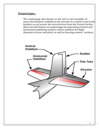 38
Empennage:-
The empennage also known as the tail or tail assembly, of
most aircraft gives stability to the aircraft, in a similar way to the
feathers on an arrow; the term derives from the French forthis.
Most aircraft feature an empennage incorporating vertical and
horizontal stabilizing surfaces which stabilize the flight
dynamics of yaw and pitch, as well as housing control surfaces.
 