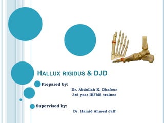 HALLUX RIGIDUS & DJD
Prepared by:
Dr. Abdullah K. Ghafour
3rd year IBFMS trainee
Supervised by:
Dr. Hamid Ahmed Jaff
 