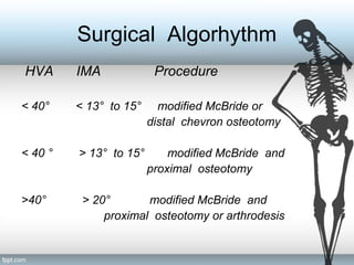 Surgical Algorhythm
HVA IMA Procedure
< 40° < 13° to 15° modified McBride or
distal chevron osteotomy
< 40 ° > 13° to 15° modified McBride and
proximal osteotomy
>40° > 20° modified McBride and
proximal osteotomy or arthrodesis
 