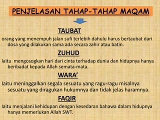 PENJELASAN TAHAP-TAHAP MAQAM
TAUBAT
orang yang menempuh jalan sufi terlebih dahulu harus bertaubat dari
dosa yang dilakukan sama ada secara zahir atau batin.
ZUHUD
Iaitu mengosogkan hari dari cinta terhadap dunia dan hidupnya hanya
beribadat kepada Allah semata-mata.
WARA’
Iaitu meninggalkan segala sesuatu yang ragu-ragu misalnya
sesuatu yang diragukan hukumnya dan tidak jelas haramnya.
FAQIR
Iaitu menjalani kehidupan dengan kesedaran bahawa dalam hidupnya
hanya memerlukan Allah SWT.
 