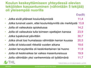 Koulun keskeyttämiseen yhteydessä olevien
tekijöiden kasaantuminen (vähintään 5 tekijää)
oli yleisempää nuorilla
                                                               Exp(B)
• Jotka eivät pitäneet koulunkäynnistä                         11,4
• Jotka tunsivat usein, ettei koulunkäynnillä ole merkitystä 13,8
• Joilla oli vaikeuksia opiskelussa                            14,2
• Joilla oli vaikeuksia tulla toimeen opettajien kanssa        23,9
• Jotka tupakoivat päivittäin                                  30,7
• Jotka olivat tosi humalassa vähintään kerran kuussa          20,5
• Joilla oli toistuvasti rikkeitä vuoden aikana                19,6
• Joiden terveydentila oli keskinkertainen tai huono           11,9
• Joilla oli keskivaikea tai vaikea masentuneisuus             19,9
• Joilla vähintään yksi vanhemmista oli työttömänä             11,7


26.9.2012                Kouluterveyspäivät 2012/ Nina Halme          16
 