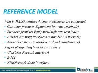 REFERENCE MODEL
With in HALO network 4 types of elements are connected,
• Customer premises Equipment(low rate terminals)
• Business premises Equipment(high rate terminals)
• HALO Gate way( interfaces to non-HALO network)
• Network control stations(control and maintenance)
3 types of signaling interfaces are there
• UNI(User Network Interface)
• B-ICI
• NNI(Network Node Interface)
 