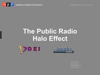 The Public Radio
  Halo Effect


              January 2013
              Susan Leland
              sleland@npr.org
              202.513.2815
 