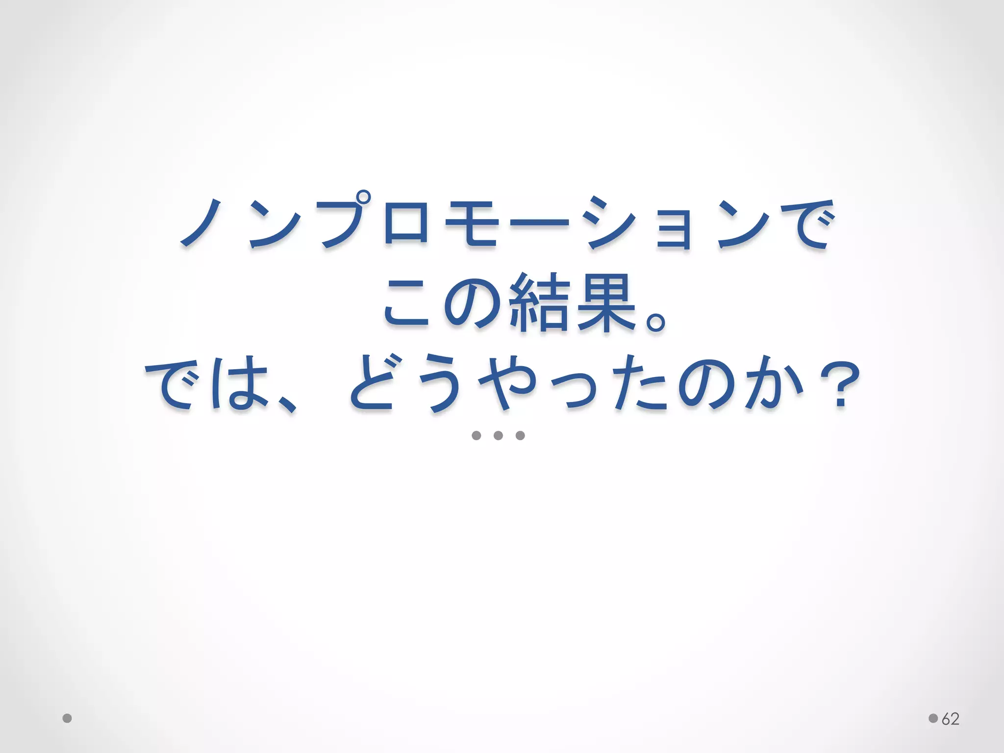 ノンプロモーションで  
    この結果。  
では、どうやったのか？	
 



                 62
 