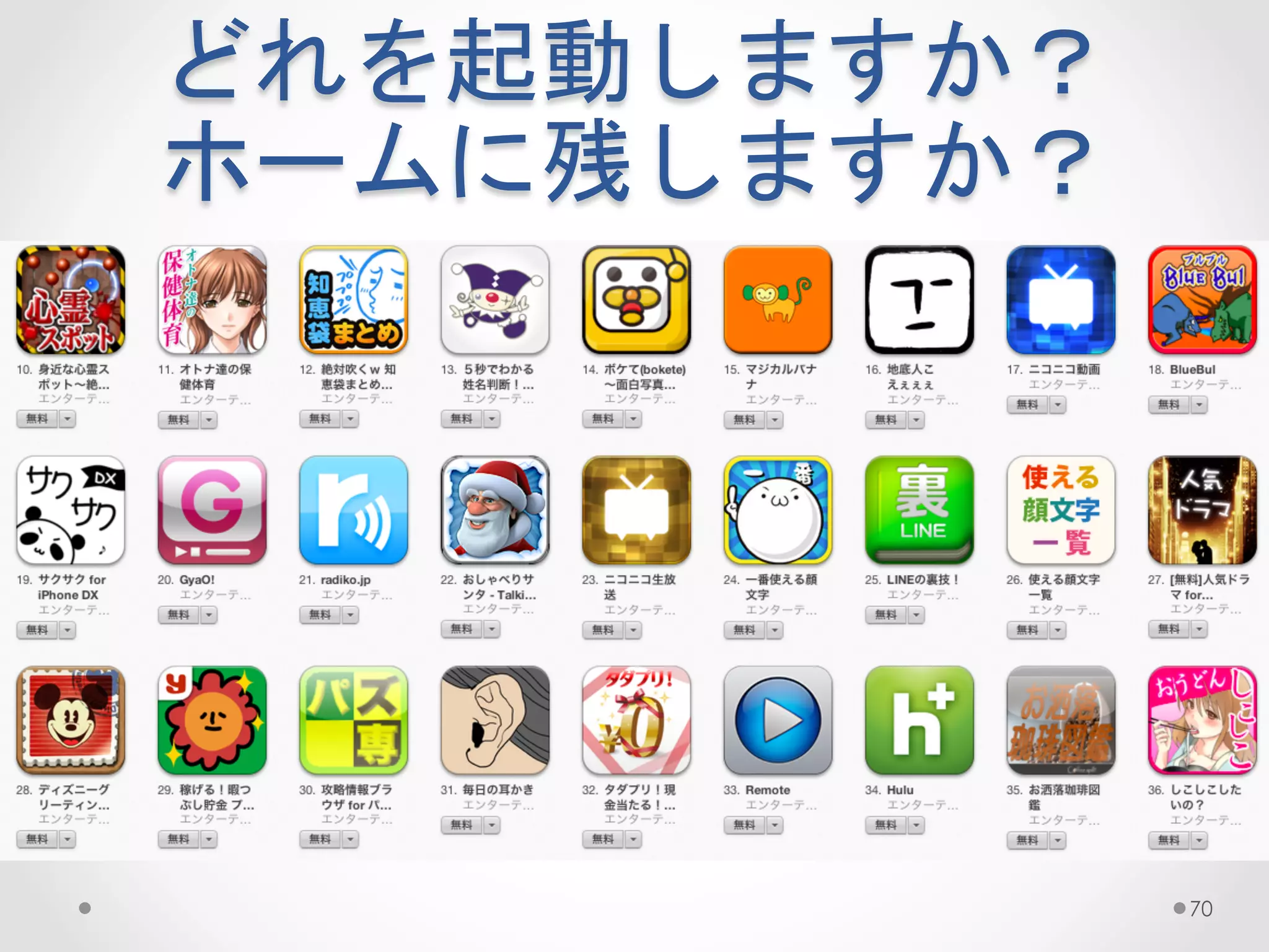 どれを起動しますか？  
ホームに残しますか？	
 




                70
 