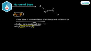 Nature of Base
For E2
Since Base is involved in rds of E2 hence rate increases at
⇒ higher conc. and small size
⇒ high Bas...
