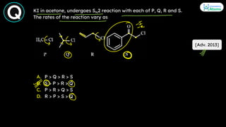 KI in acetone, undergoes SN2 reaction with each of P, Q, R and S.
The rates of the reaction vary as
[Adv. 2013]
A. P > Q >...