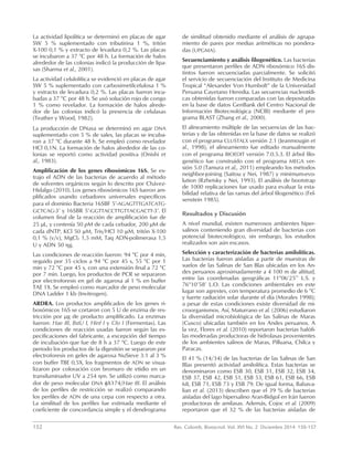 152	 Rev. Colomb. Biotecnol. Vol. XVI No. 2 Diciembre 2014 150-157
de similitud obtenido mediante el análisis de agrupa-
miento de pares por medias aritméticas no pondera-
das (UPGMA).
Secuenciamiento y análisis filogenético. Las bacterias
que presentaron perfiles de ADN ribosómico 16S dis-
tintos fueron secuenciadas parcialmente. Se solicitó
el servicio de secuenciación del Instituto de Medicina
Tropical “Alexander Von Humbolt” de la Universidad
Peruana Cayetano Heredia. Las secuencias nucleotídi-
cas obtenidas fueron comparadas con las depositadas
en la base de datos GenBank del Centro Nacional de
Información Biotecnológica (NCBI) mediante el pro-
grama BLAST (Zhang et al., 2000).
El alineamiento múltiple de las secuencias de las bac-
terias y de las obtenidas en la base de datos se realizó
con el programa CLUSTALX versión 2.1 (Jeanmougin et
al., 1998), el alineamiento fue editado manualmente
con el programa BIOEDIT versión 7.0.5.3. El árbol filo-
genético fue construido con el programa MEGA ver-
sión 5.0 (Tamura et al., 2011) empleando los métodos
neighbor-joining (Saitou y Nei, 1987) y minimum-evo-
lution (Rzhetsky y Nei, 1993). El análisis de bootstrap
de 1000 replicaciones fue usado para evaluar la esta-
bilidad relativa de las ramas del árbol filogenético (Fel-
senstein 1985).
Resultados y Discusión
A nivel mundial, existen numerosos ambientes hiper-
salinos conteniendo gran diversidad de bacterias con
potencial biotecnológico, sin embargo, los estudios
realizados son aún escasos.
Selección y caracterización de bacterias amilolíticas.
Las bacterias fueron aisladas a partir de muestras de
suelos de las Salinas de San Blas ubicadas en los An-
des peruanos aproximadamente a 4 100 m de altitud,
entre las coordenadas geográficas 11°06’25’’ L.S. y
76°10’58’ L.O. Las condiciones ambientales en este
lugar son agrestes, con temperatura promedio de 6 °C
y fuerte radiación solar durante el día (Morales 1998);
a pesar de estas condiciones existe diversidad de mi-
croorganismos. Así, Maturrano et al. (2006) estudiaron
la diversidad microbiológica de las Salinas de Maras
(Cusco) ubicadas también en los Andes peruanos. A
la vez, Flores et al. (2010) reportaron bacterias halófi-
las moderadas productoras de hidrolasas provenientes
de los ambientes salinos de Maras, Pilluana, Chilca y
Paracas.
El 41 % (14/34) de las bacterias de las Salinas de San
Blas presentó actividad amilolítica. Estas bacterias se
denominaron como ESB 30, ESB 31, ESB 32, ESB 34,
ESB 37, ESB 42, ESB 51, ESB 53, ESB 61, ESB 66, ESB
68, ESB 71, ESB 73 y ESB 79. De igual forma, Babava-
lian et al. (2013) describen que el 39 % de bacterias
aisladas del lago hipersalino Aran-Bidgol en Irán fueron
productoras de amilasas. Además, Cojoc et al. (2009)
reportaron que el 32 % de las bacterias aisladas de
La actividad lipolítica se determinó en placas de agar
SW 5 % suplementado con tributirina 1 %, tritón
X-100 0,1 % y extracto de levadura 0,2 %. Las placas
se incubaron a 37 °C por 48 h. La formación de halos
alrededor de las colonias indicó la producción de lipa-
sas (Sharma et al., 2001).
La actividad celulolítica se evidenció en placas de agar
SW 5 % suplementado con carboximetilcelulosa 1 %
y extracto de levadura 0,2 %. Las placas fueron incu-
badas a 37 °C por 48 h. Se usó solución rojo de congo
1 % como revelador. La formación de halos alrede-
dor de las colonias indicó la presencia de celulasas
(Teather y Wood, 1982).
La producción de DNasa se determinó en agar DNA
suplementado con 5 % de sales, las placas se incuba-
ron a 37 °C durante 48 h. Se empleó como revelador
HCl 0,1N. La formación de halos alrededor de las co-
lonias se reportó como actividad positiva (Onishi et
al., 1983).
Amplificación de los genes ribosómicos 16S. Se ex-
trajo el ADN de las bacterias de acuerdo al método
de solventes orgánicos según lo descrito por Chávez-
Hidalgo (2010). Los genes ribosómicos 16S fueron am-
plificados usando cebadores universales específicos
para el dominio Bacteria 16SBF 5’-AGAGTTTGATCATG-
GCTCAG-3’ y 16SBR 5’-GGTTACCTTGTTACGACTT-3’. El
volumen final de la reacción de amplificación fue de
25 µL, y contenía 50 ρM de cada cebador, 200 µM de
cada dNTP, KCl 50 mM, Tris/HCl 10 mM, tritón X-100
0,1 % (v/v), MgCl2 1,5 mM, Taq ADN-polimerasa 1,5
U y ADN 50 ηg.
Las condiciones de reacción fueron: 94 °C por 4 min,
seguido por 35 ciclos a 94 °C por 45 s, 55 °C por 1
min y 72 °C por 45 s, con una extensión final a 72 °C
por 7 min. Luego, los productos de PCR se separaron
por electroforesis en gel de agarosa al 1 % en buffer
TAE 1X. Se empleó como marcador de peso molecular
DNA Ladder 1 kb (Invitrogen).
ARDRA. Los productos amplificados de los genes ri-
bosómicos 16S se cortaron con 5 U de enzima de res-
tricción por µg de producto amplificado. La enzimas
fueron: Hae III, BstU I, Hinf I y Cfo I (Fermentas). Las
condiciones de reacción usadas fueron según las es-
pecificaciones del fabricante, a excepción del tiempo
de incubación que fue de 8 h a 37 °C. Luego de este
periodo los productos de la digestión se separaron por
electroforesis en geles de agarosa NuSieve 3:1 al 3 %
con buffer TBE 0,5X, los fragmentos de ADN se visua-
lizaron por coloración con bromuro de etidio en un
transiluminador UV a 254 ηm. Se utilizó como marca-
dor de peso molecular DNA φX174/Hae III. El análisis
de los perfiles de restricción se realizó comparando
los perfiles de ADN de una cepa con respecto a otra.
La similitud de los perfiles fue estimada mediante el
coeficiente de concordancia simple y el dendrograma
 