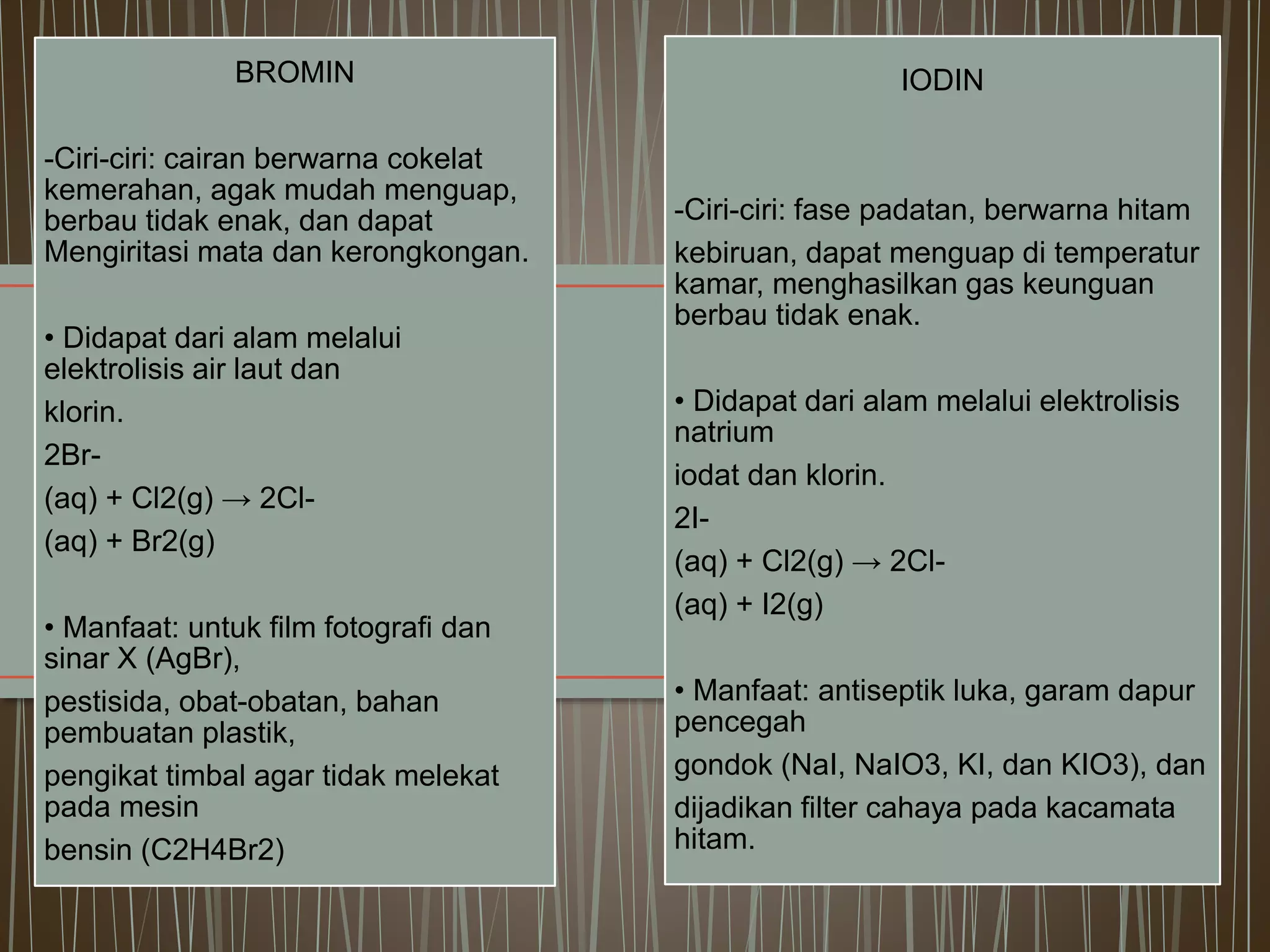 BROMIN
-Ciri-ciri: cairan berwarna cokelat
kemerahan, agak mudah menguap,
berbau tidak enak, dan dapat
Mengiritasi mata dan kerongkongan.
• Didapat dari alam melalui
elektrolisis air laut dan
klorin.
2Br-
(aq) + Cl2(g) → 2Cl-
(aq) + Br2(g)
• Manfaat: untuk film fotografi dan
sinar X (AgBr),
pestisida, obat-obatan, bahan
pembuatan plastik,
pengikat timbal agar tidak melekat
pada mesin
bensin (C2H4Br2)
IODIN
-Ciri-ciri: fase padatan, berwarna hitam
kebiruan, dapat menguap di temperatur
kamar, menghasilkan gas keunguan
berbau tidak enak.
• Didapat dari alam melalui elektrolisis
natrium
iodat dan klorin.
2I-
(aq) + Cl2(g) → 2Cl-
(aq) + I2(g)
• Manfaat: antiseptik luka, garam dapur
pencegah
gondok (NaI, NaIO3, KI, dan KIO3), dan
dijadikan filter cahaya pada kacamata
hitam.
 