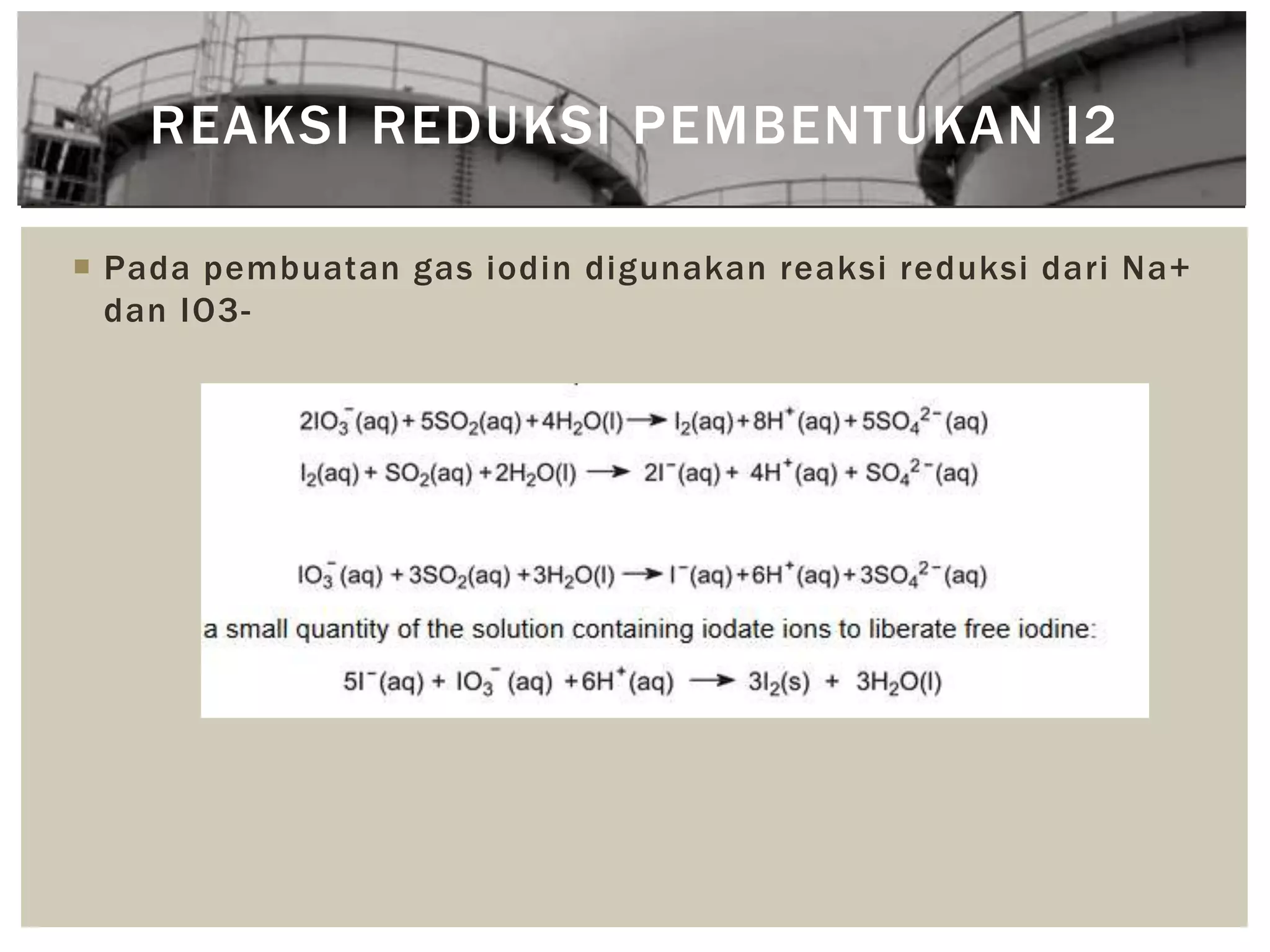  Pada pembuatan gas iodin digunakan reaksi reduksi dari Na+
dan IO3-
REAKSI REDUKSI PEMBENTUKAN I2
 