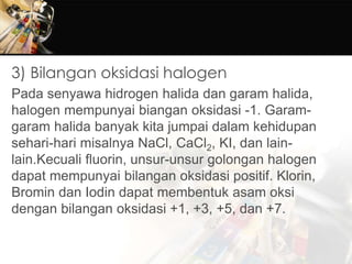 3) Bilangan oksidasi halogen
Pada senyawa hidrogen halida dan garam halida,
halogen mempunyai biangan oksidasi -1. Garam-
garam halida banyak kita jumpai dalam kehidupan
sehari-hari misalnya NaCl, CaCl2, KI, dan lain-
lain.Kecuali fluorin, unsur-unsur golongan halogen
dapat mempunyai bilangan oksidasi positif. Klorin,
Bromin dan Iodin dapat membentuk asam oksi
dengan bilangan oksidasi +1, +3, +5, dan +7.
 