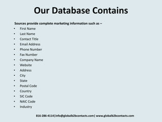 Our Database Contains
Sources provide complete marketing information such as –
• First Name
• Last Name
• Contact Title
• Email Address
• Phone Number
• Fax Number
• Company Name
• Website
• Address
• City
• State
• Postal Code
• Country
• SIC Code
• NAIC Code
• Industry
816-286-4114|info@globalb2bcontacts.com| www.globalb2bcontacts.com
 