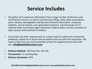 Service Includes
• We gather all in sequence information from a huge number of directory and
event-driven sources, as well as new business filings, daily utility associations,
press releases, demographic and business financial information, corporate
websites, annual reports, user-generated comment, and thousands of U.S
national white and yellow pages directories, federal public records, secretary of
state records and hundreds of vendors.
• If you have any other requirements or custom select to add to the mentioned
databases, please let us know and we would assist you with the acquisition. We
hope to hear from you and would like to have the opportunity to work with
you, info@globalb2bcontacts.com
• Delivery Method: MS Excel File, CSV File
• Turnaround: 4-5 working days
• Delivery Guarantee: 95%
816-286-4114|info@globalb2bcontacts.com| www.globalb2bcontacts.com
 