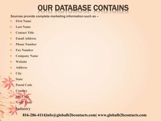 OUR DATABASE CONTAINS
Sources provide complete marketing information such as –
 First Name
 Last Name
 Contact Title
 Email Address
 Phone Number
 Fax Number
 Company Name
 Website
 Address
 City
 State
 Postal Code
 Country
 SIC Code
 NAIC Code
 Industry
816-286-4114|info@globalb2bcontacts.com| www.globalb2bcontacts.com
 