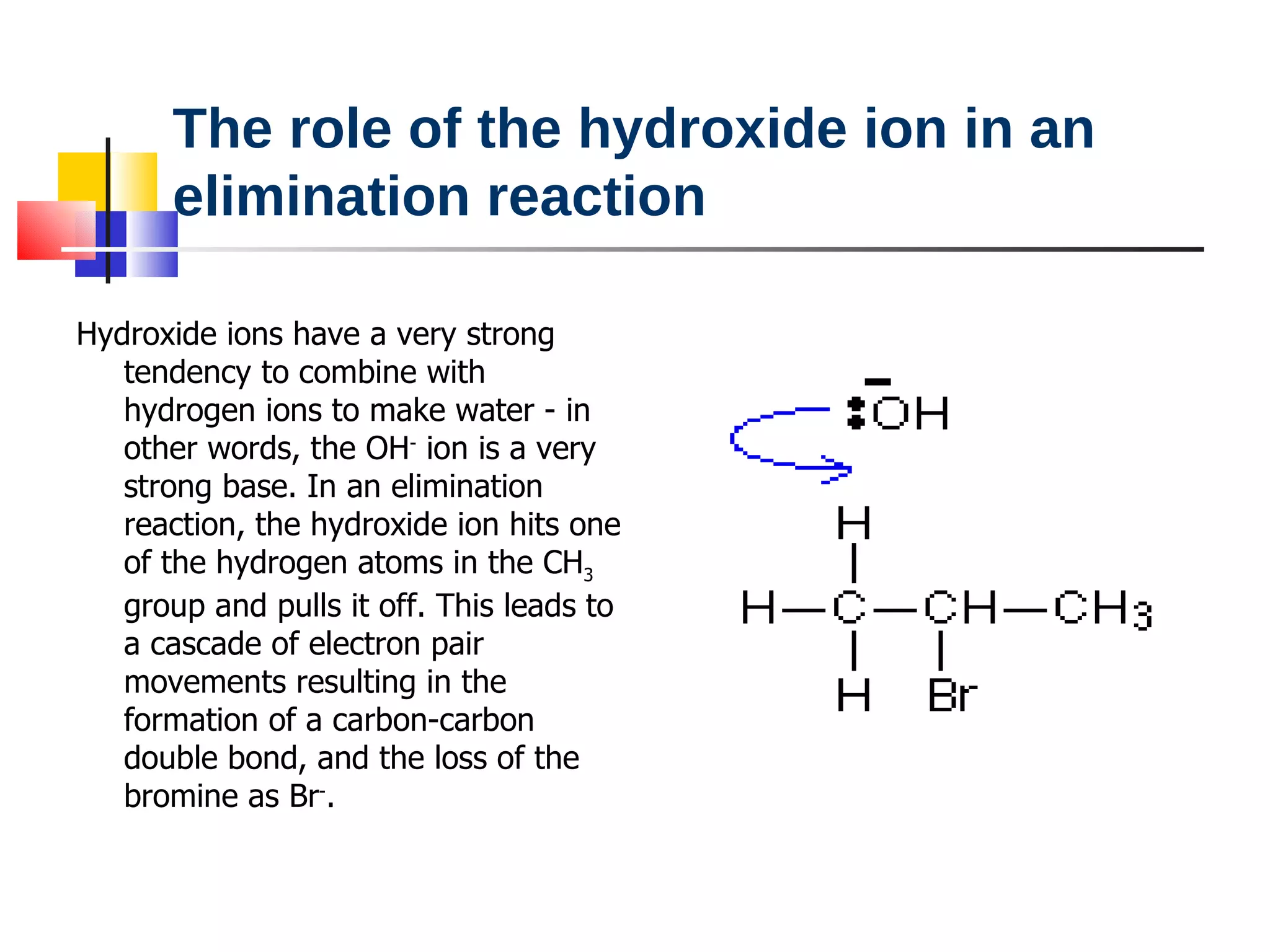 The role of the hydroxide ion in an elimination reaction Hydroxide ions have a very strong tendency to combine with hydrogen ions to make water - in other words, the OH -  ion is a very strong base. In an elimination reaction, the hydroxide ion hits one of the hydrogen atoms in the CH 3  group and pulls it off. This leads to a cascade of electron pair movements resulting in the formation of a carbon-carbon double bond, and the loss of the bromine as Br - . 